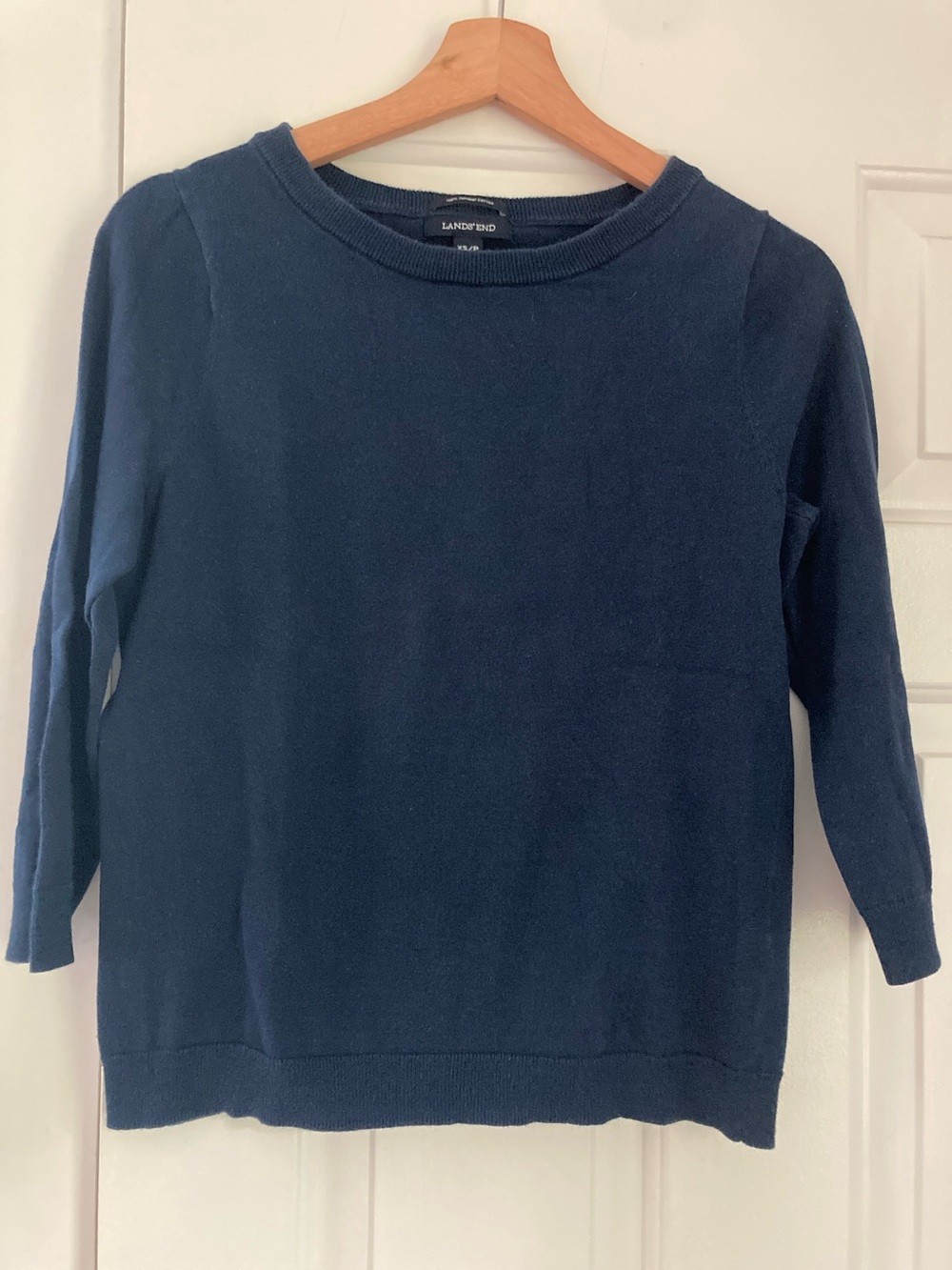Lands' End Navy 3/4 Sleeve Crewneck Sweater - Classic Knit